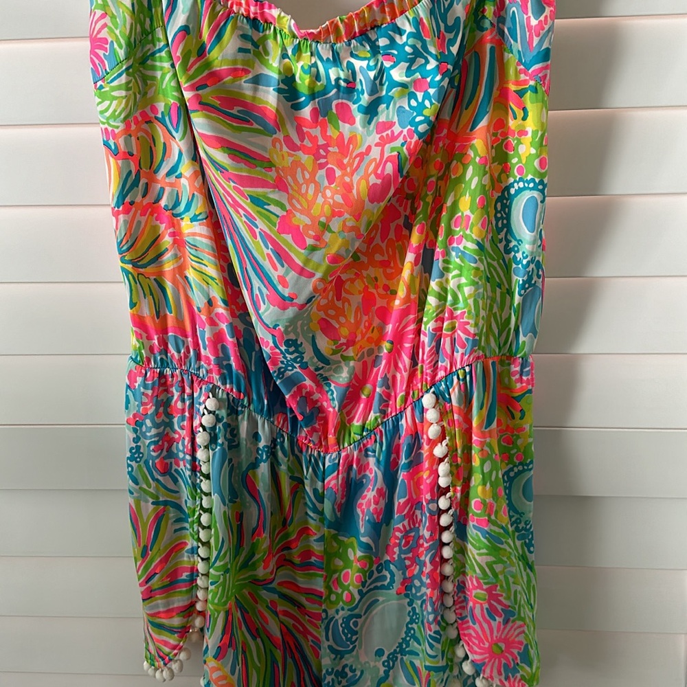 Lilly Pulitzer daisy strapless romper in sea spray blue lovers with Pom Pom Trim